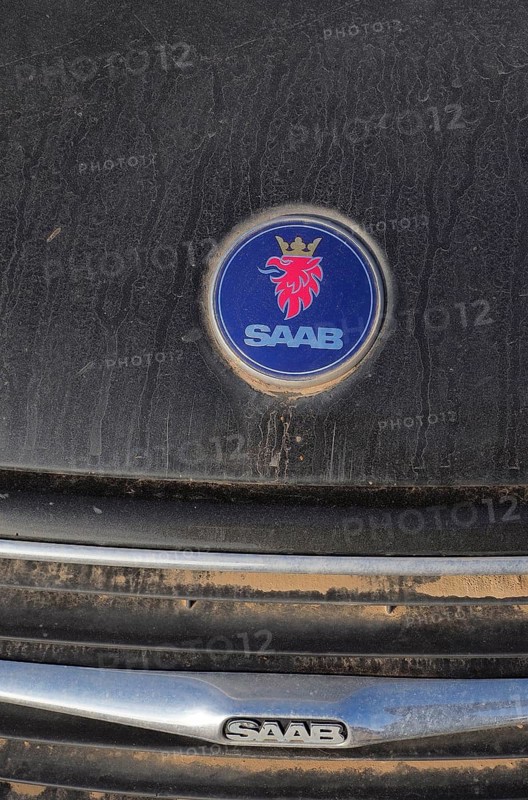 Saab car logo on blue paint