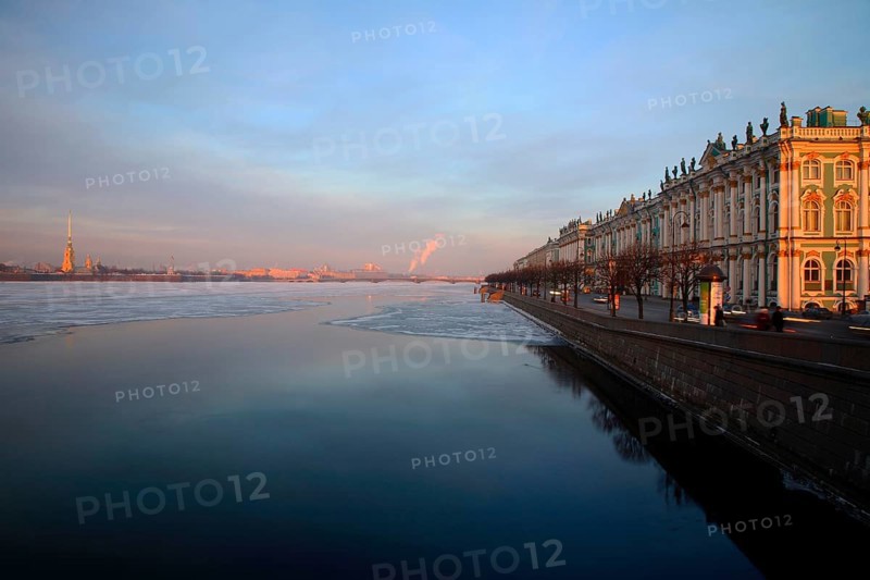 The Hermitage Museum overlooking the partly frozen Neva river with Vassilevski island visible in the background