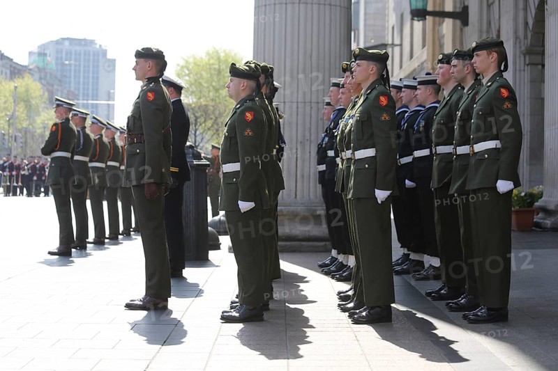 Military cadets on guard at the General Post Office before a parade takes place in Dublin to commemorate the 1916 Uprising. Dublin