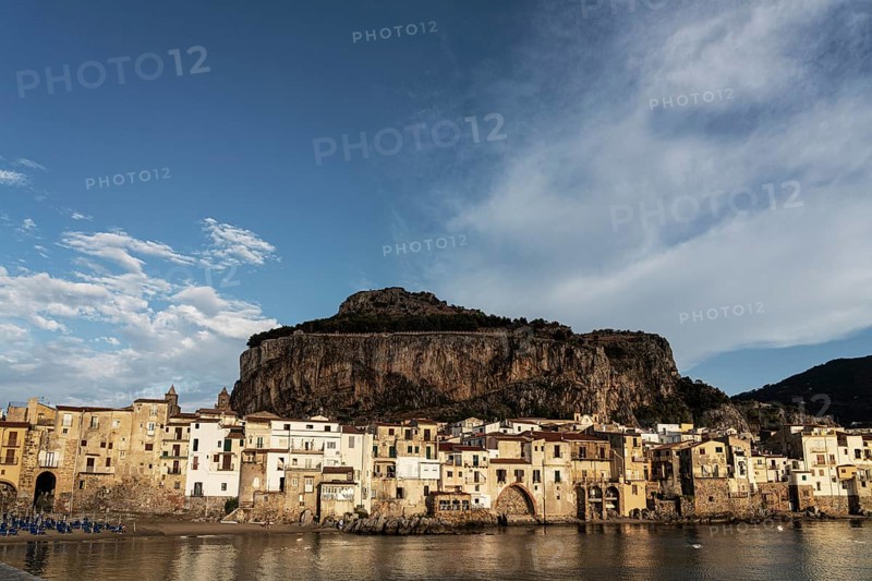 View of the town of Cefalu with Rocca di Cefalu