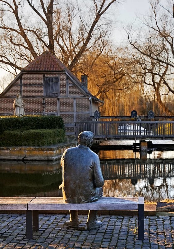 Bronze sculpture of the local poet Paul Advena at the water mill in Heek-Nienborg