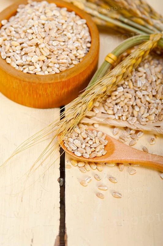 Organic barley grains over rustic wood table macro closeup