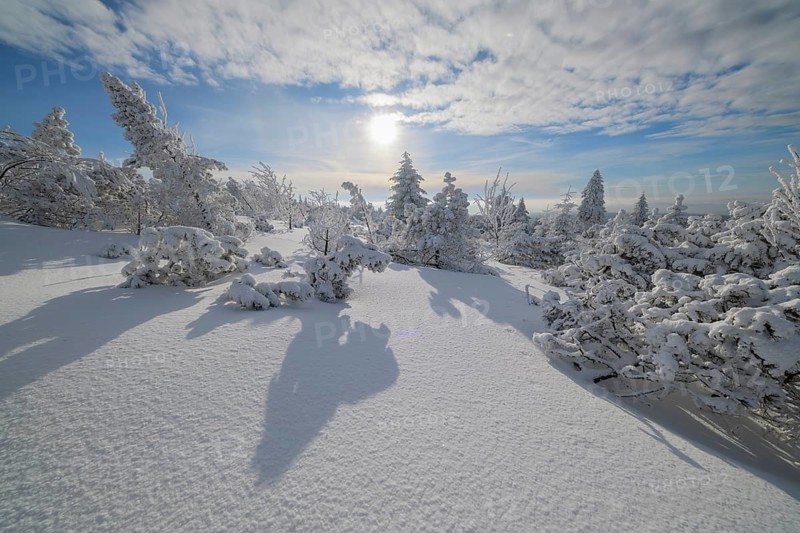 Snow covered winter landscape with sun
