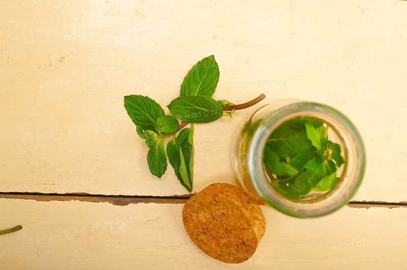 Fresh mint leaves on a glass jarover a rustic white wood table