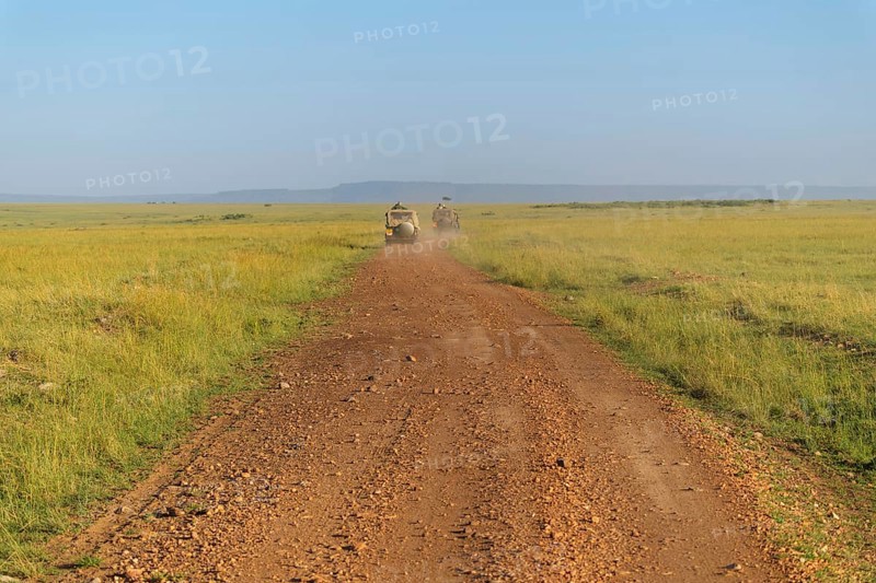 Road in savannah landscape with safari vehicle
