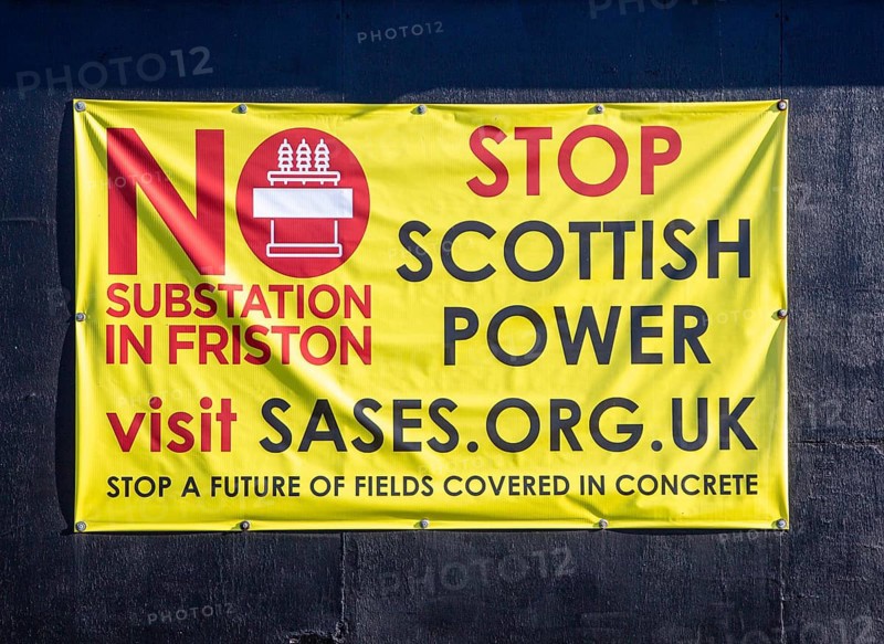 Protest campaign banner against Scottish Power and National Grid proposed electricity substation at Friston
