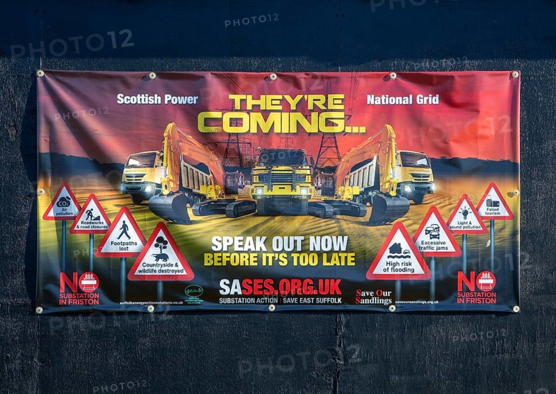Protest campaign banner against Scottish Power and National Grid proposed electricity substation at Friston
