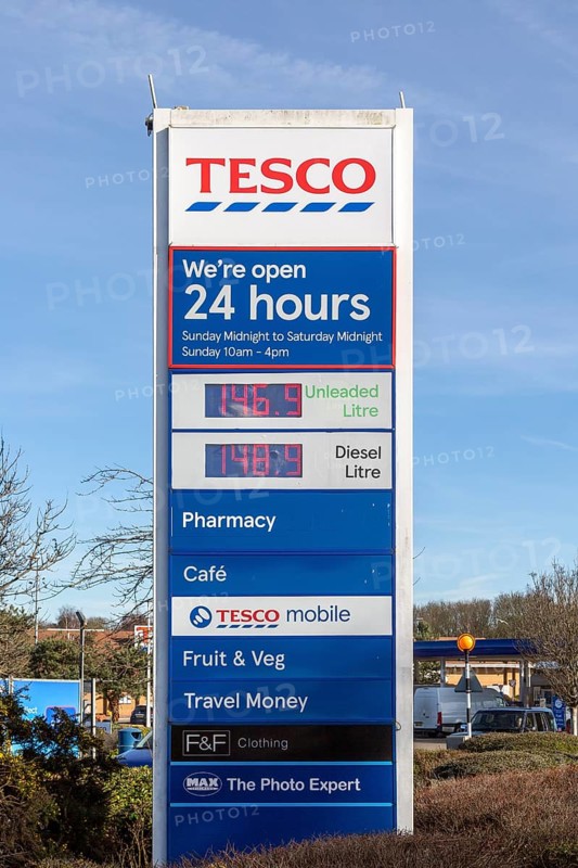 Sign for Tesco superstore with petrol and diesel prices