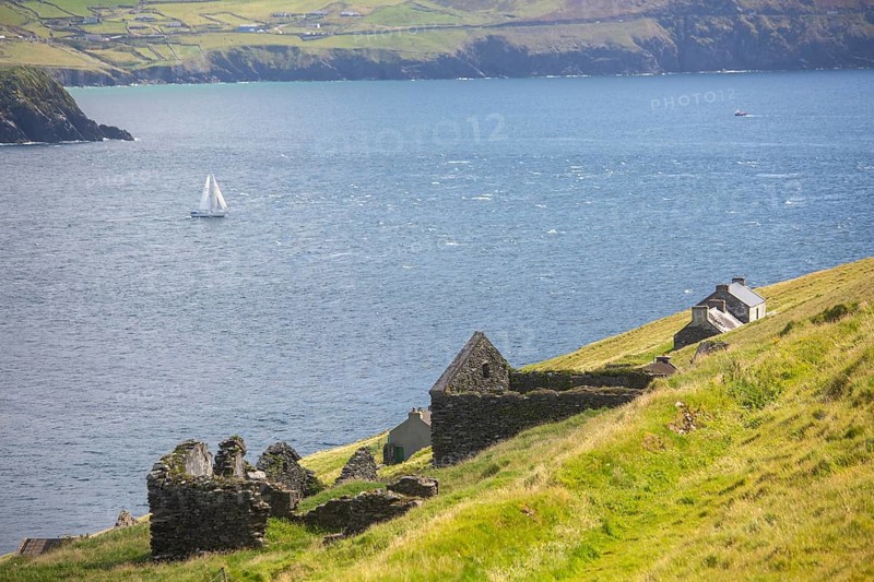View of Blasket Sound and mainland from above ruined houses on Great Blasket Island. County Kerry
