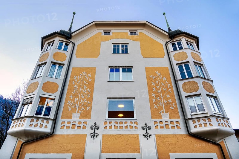Facade with bay windows and floral motifs