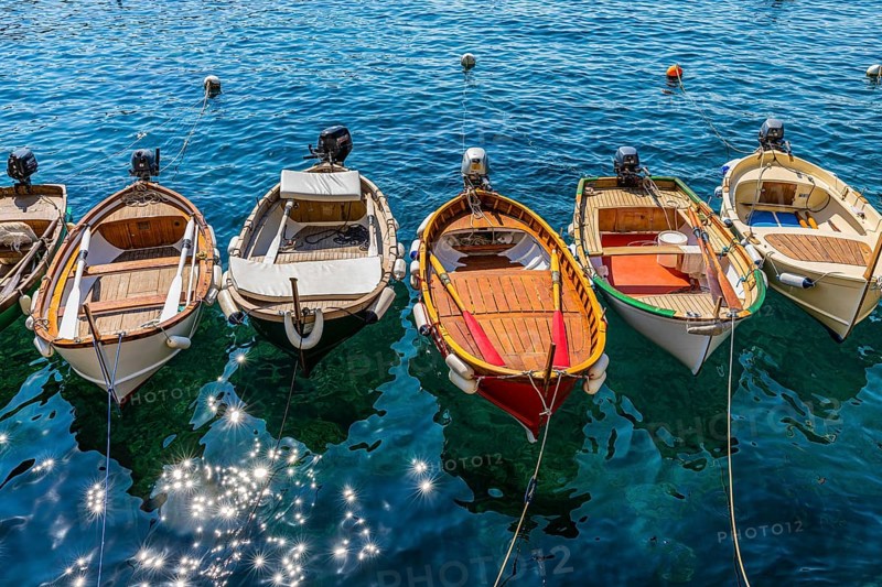 Colourful fishing boats reflected in the glittering water in the harbour of Manarola