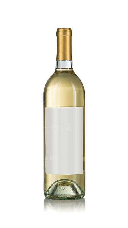 Wine bottle with white wine and blank wine label ready for you own design and text against a white background