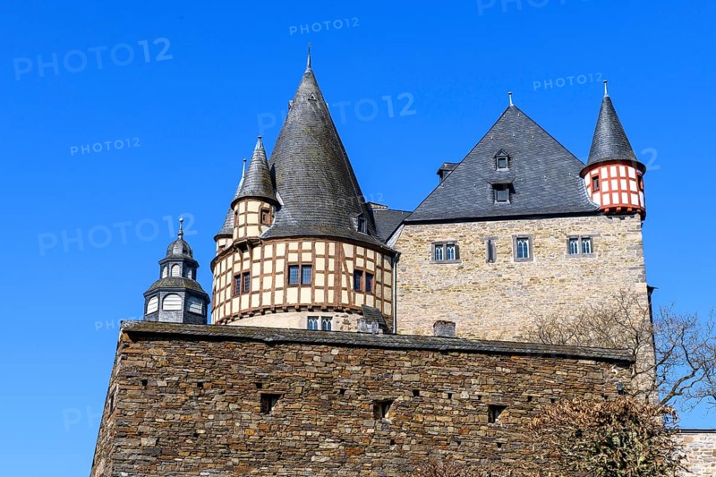 View of towers of double castle Buerresheim Castle with Trier Castle from Middle Ages