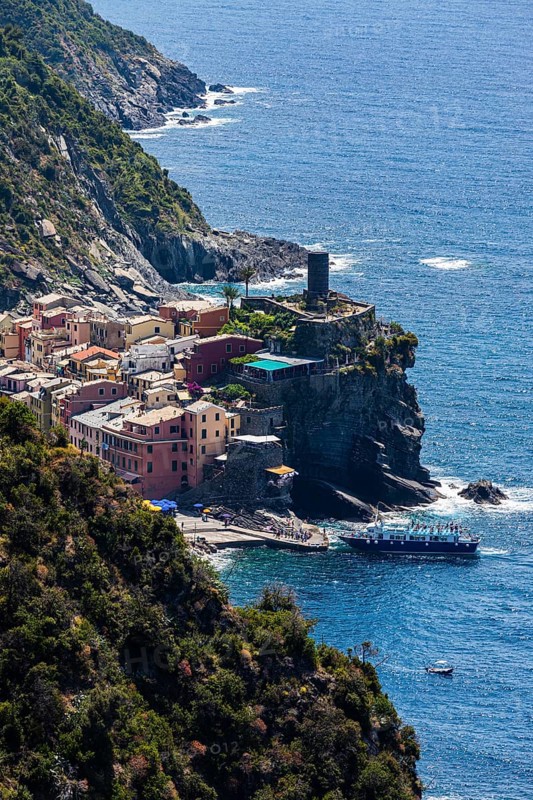 The village of Vernazza with its pastel-coloured houses built into the hillside