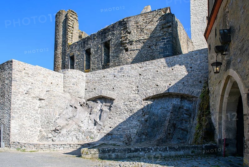 View of ruins of Cologne castle in double castle Buerresheim from Middle Ages
