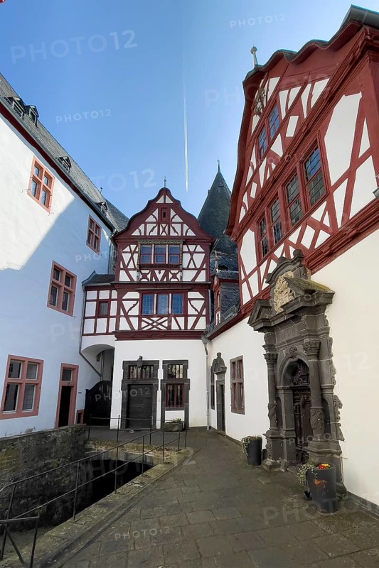 View from castle courtyard to buildings of Trier castle in double castle Buerresheim from the Middle Ages