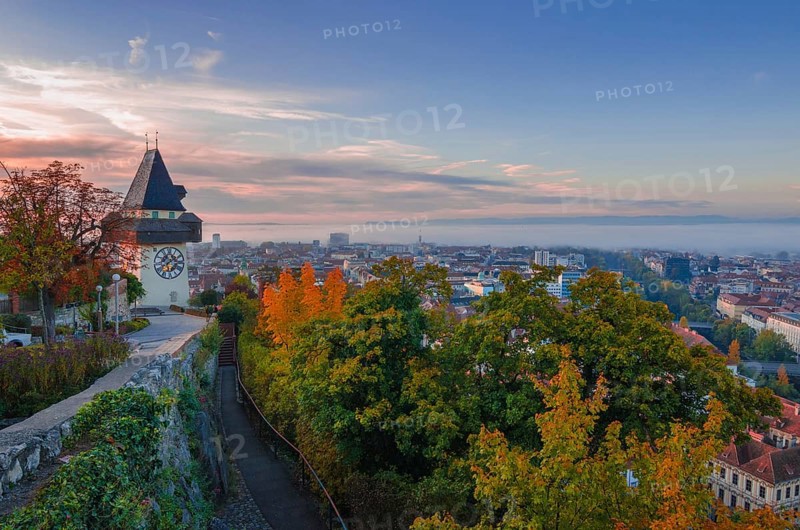 Cityscape of Graz and the famous clock tower