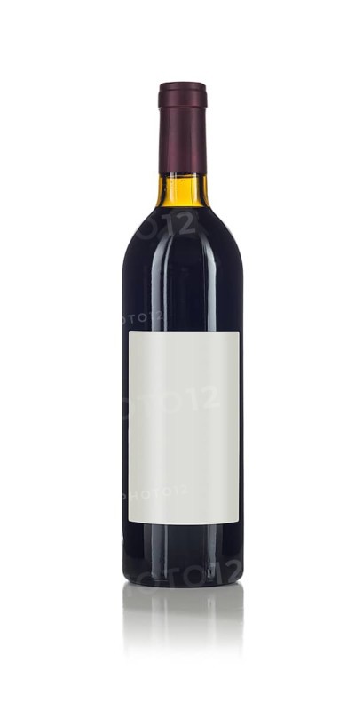 Wine bottle with red wine and blank wine label ready for you own design and text against a white background