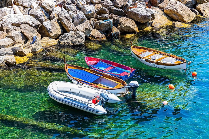 Colourful fishing boats attached to the rock lie in the turquoise water in the harbour of Riomaggiore