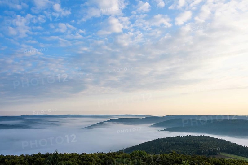 View from Katzenbuckel mountain with morning mist