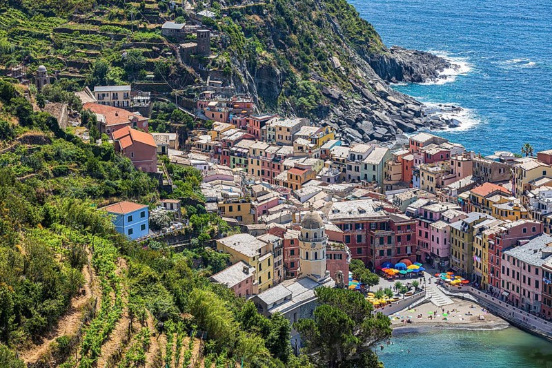 The village of Vernazza with its pastel-coloured houses built into the hillside