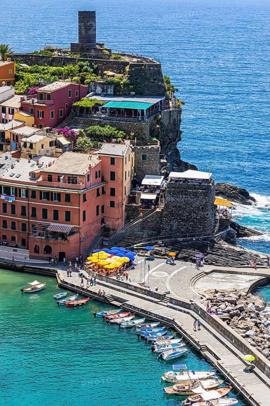 The village of Vernazza with its pastel-coloured houses built into the hillside