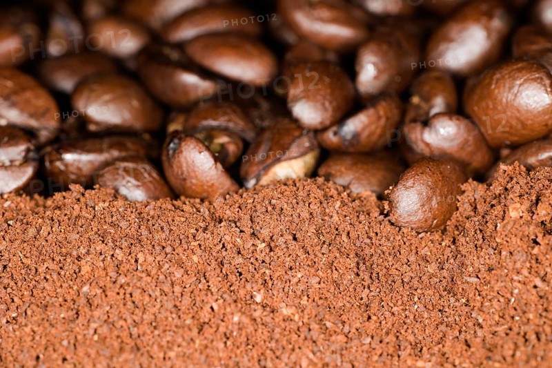 Coffee beans of the Arabica variety lie on ground coffee