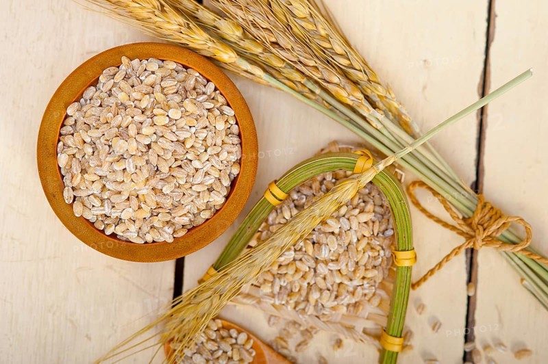 Organic wheat grains over rustic wood table macro closeup