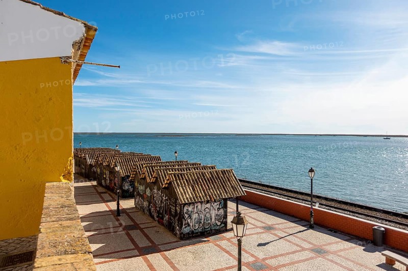Beautiful view of Ria Formosa and fishermen's wooden storage in Faro