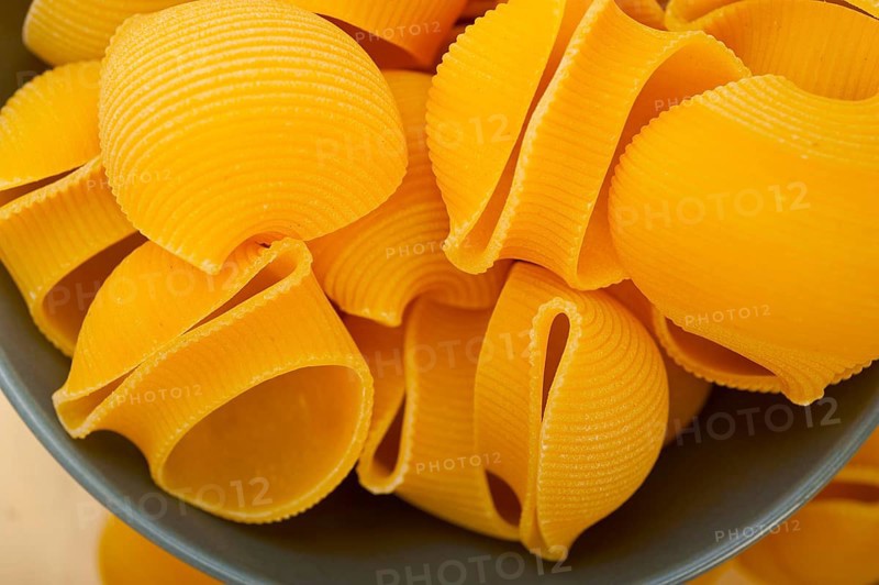 Raw Italian snail lumaconi pasta on a blue bowl over rustic table macro