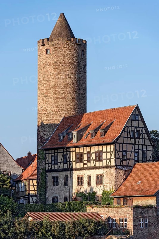 Historic half-timbered house Hinterburger Amtshaus with medieval keep Hinterturm