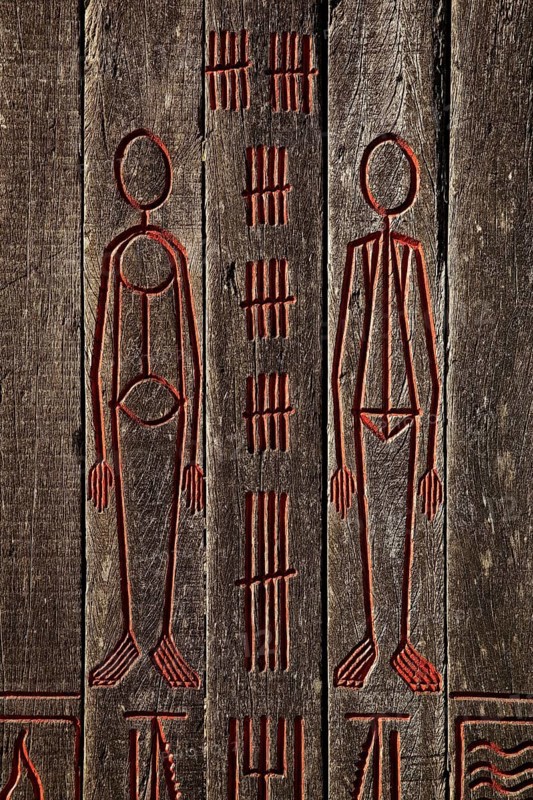 Detail of the wooden stele made of ship planks for the 1000th anniversary of the parish