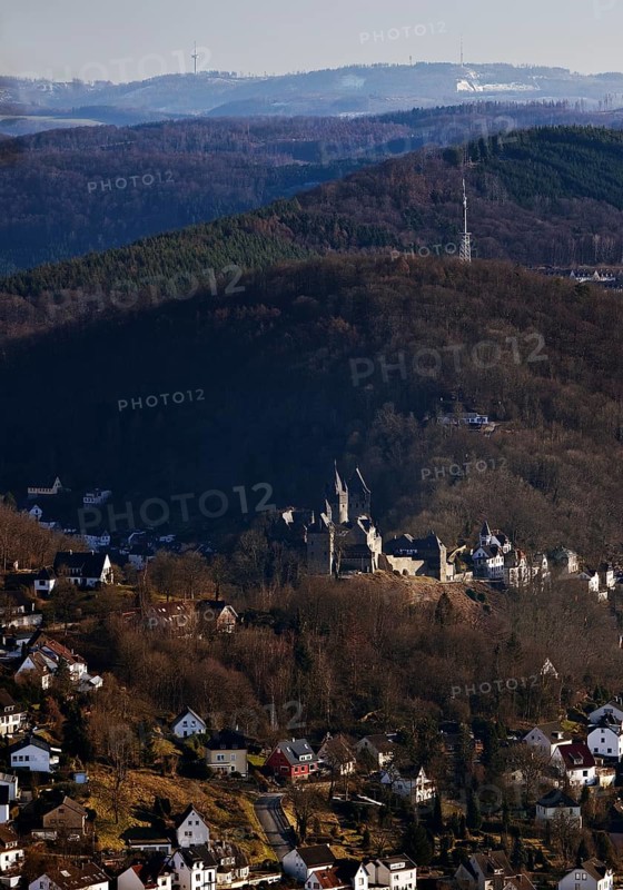 Low mountain landscape with the town and castle of Altena