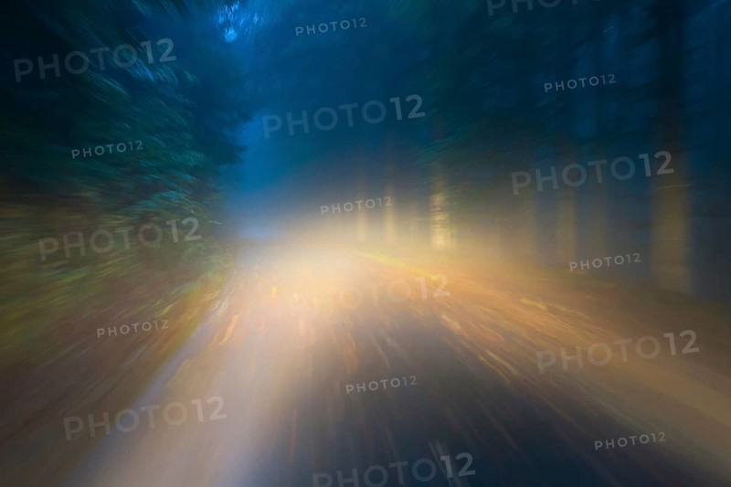 Car driving on autumnal wet road through the forest at dawn