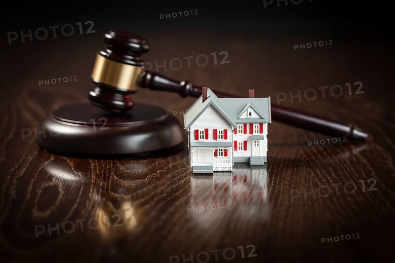 Gavel and small model house on wooden table