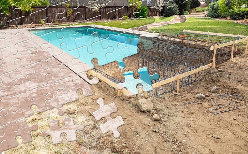 Puzzle pieces fitting together revealing finished pool build over construction