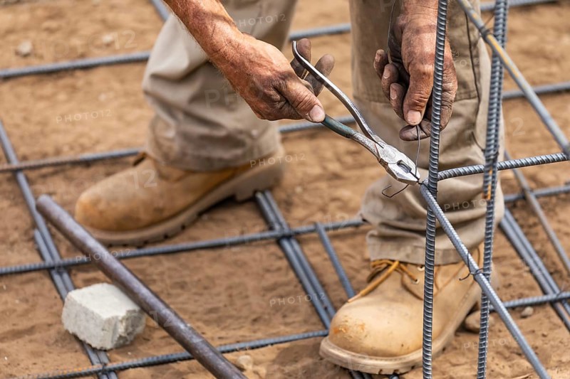 Worker securing steel rebar framing with wire plier cutter tool at construction site