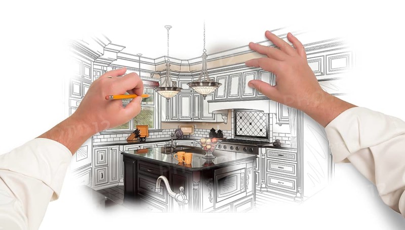Male hands sketching with pencil A custom kitchen with photo showing through