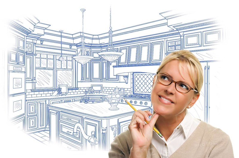 Daydreaming woman with pencil over custom kitchen design drawing isolated on white