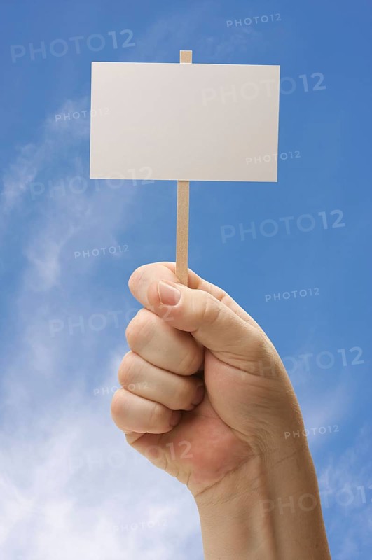 Blank sign in fist on sky background