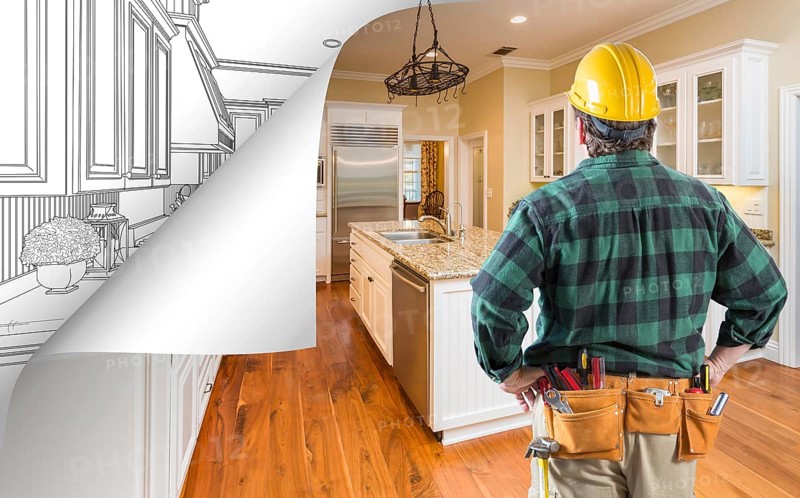 Contractor facing kitchen photo with page corner flipping to drawing behind