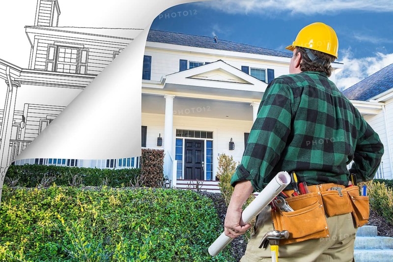 Contractor facing house photo with page corner flipping to drawing behind