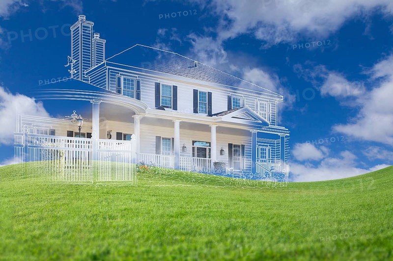Beautiful custom house drawing and ghosted house above grass field