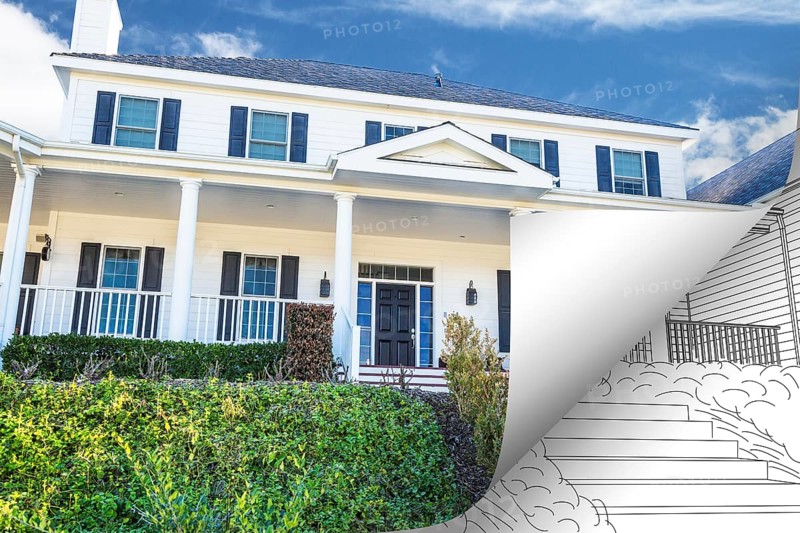 House photo page corner flipping with drawing behind