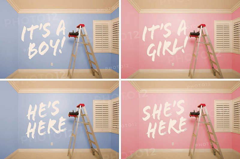 Maternity series of pink and blue empty rooms with ladder and paint supplies