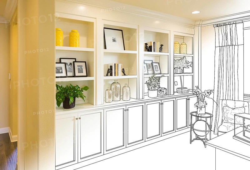 Custom built-in shelves and cabinets design drawing gradating to finished photo