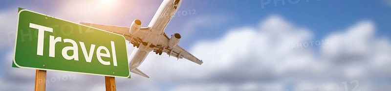Travel green rodd sign banner with airplane flying above