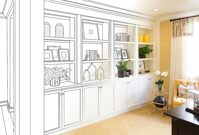 Custom built-in shelves and cabinets design drawing gradating to finished photo