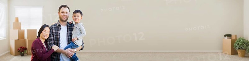 Banner of mixed-race chinese and caucasian parents and child inside empty room with moving boxes