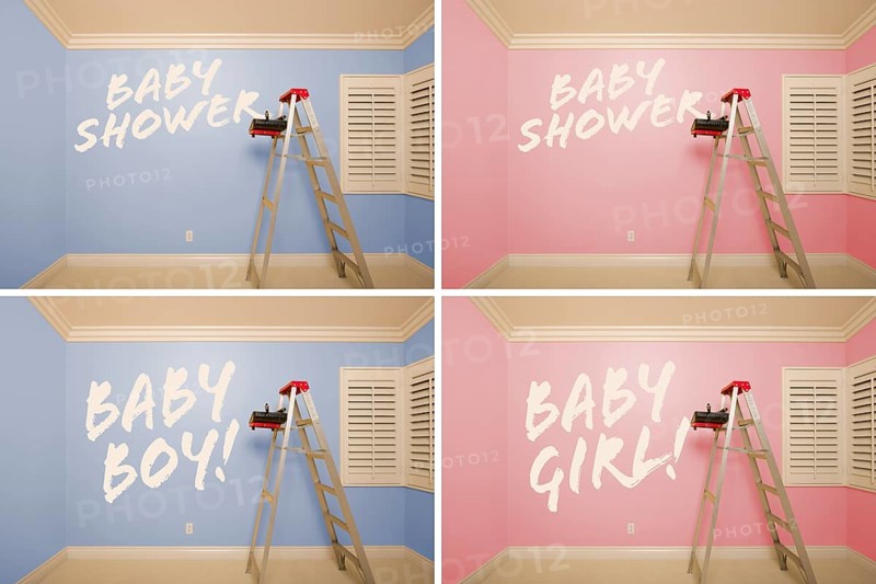 Maternity series of pink and blue empty rooms with ladder and paint supplies